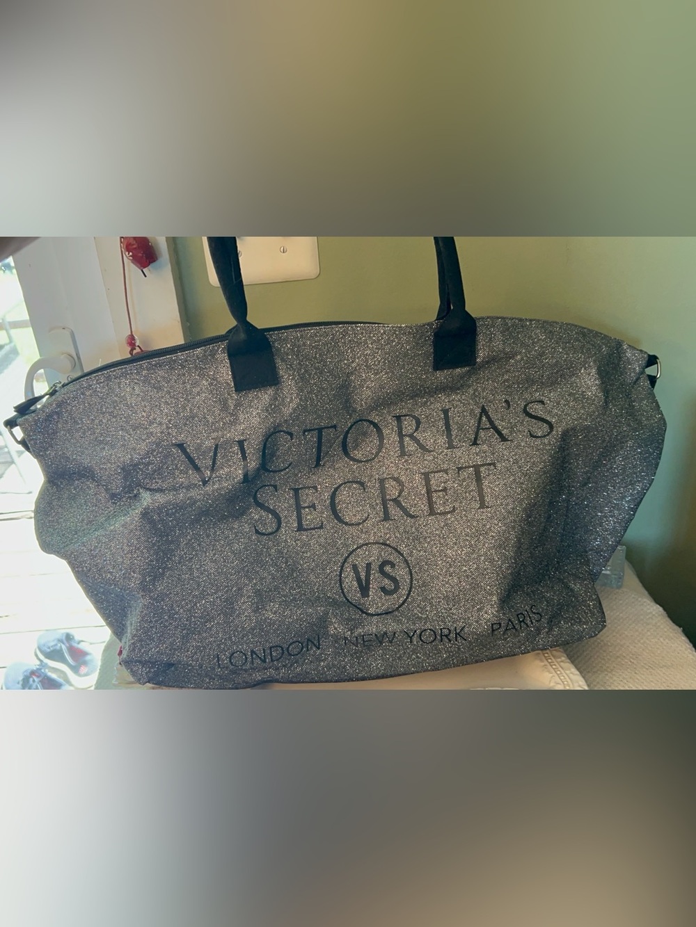 Victoria's Secret "London New York Paris" silver glitter weekender duffle NEW